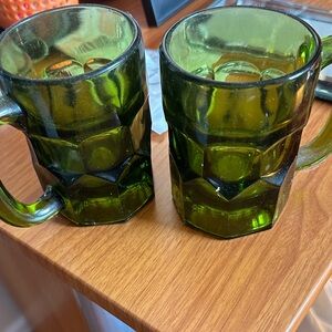 Vintage Olive Green Glass 2 Mugs